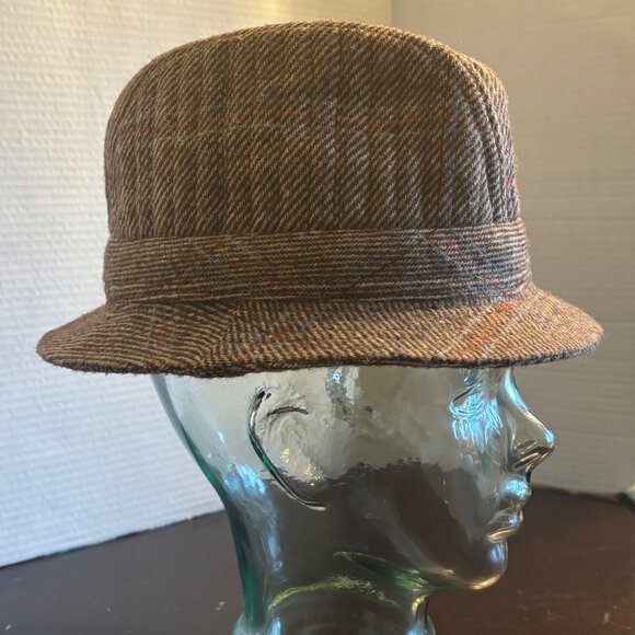 Vtg Large Brown Tweed Fedora Hat With Plaid Accent & Quilted Lining Wool Blend - Picture 6 of 7